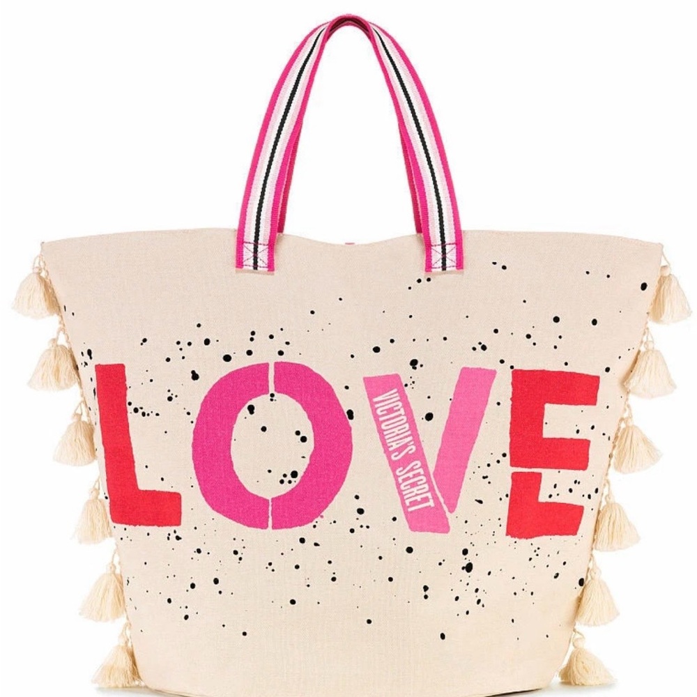 Victoria's Secret Pink & Red LOVE Canvas Tote with Tassels Weekender Beach Bag